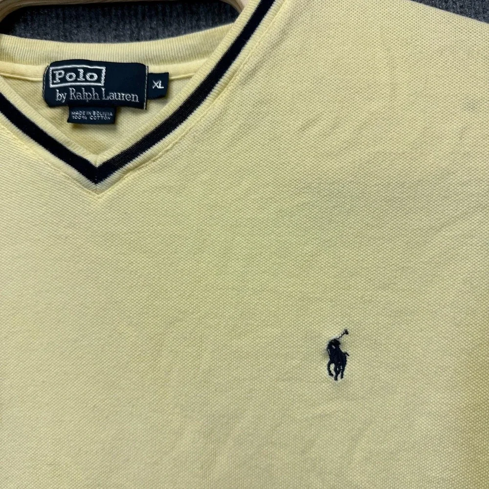 Polo Ralph Lauren Mens XL Yellow Pique V-Neck T-Shirt Navy Stripe Trim Cotton